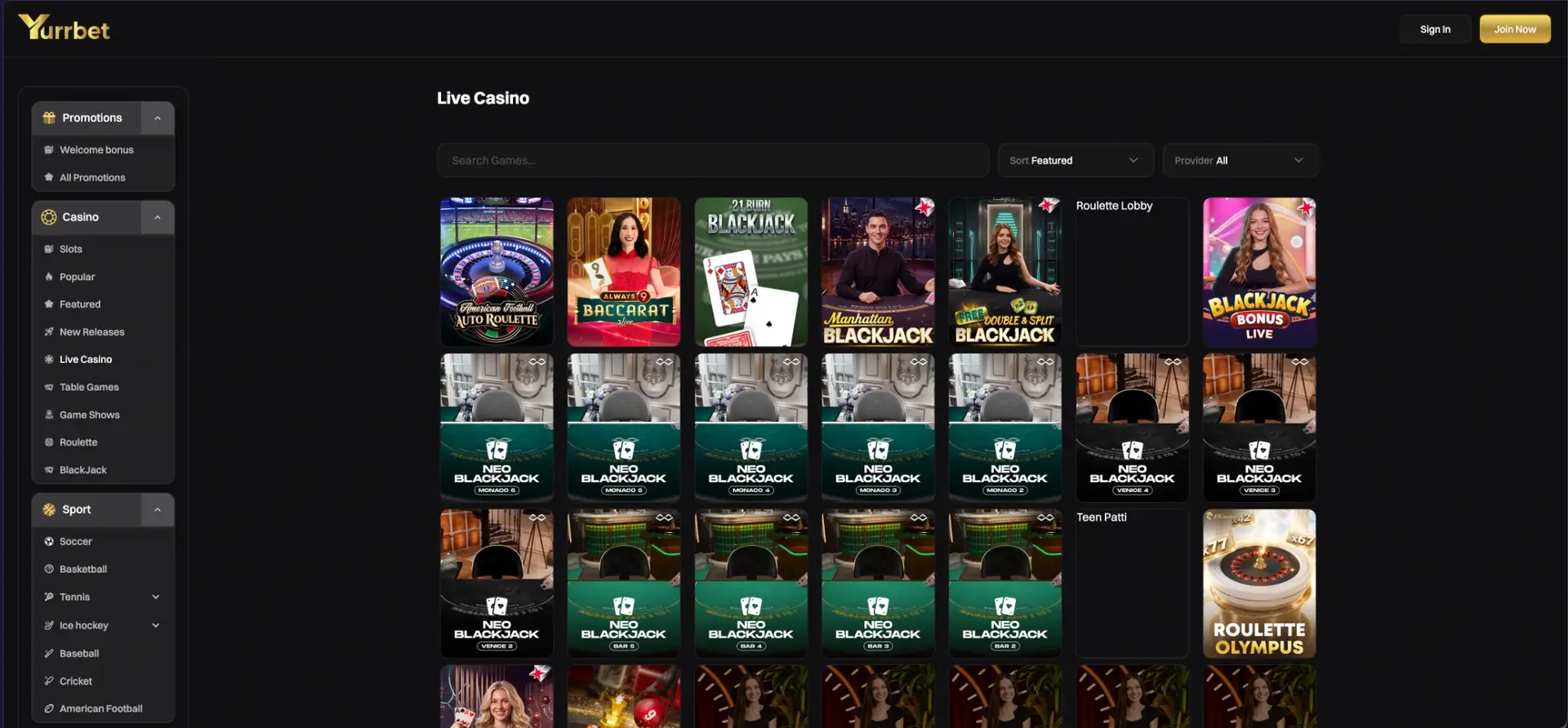 Live casino tables at Yurrbet