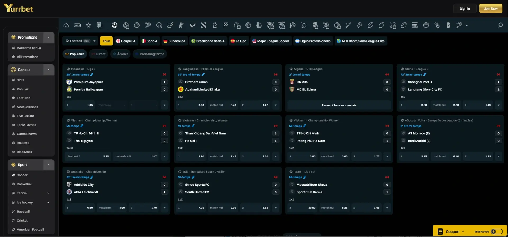 Sports betting markets in the Yurrbet sportsbook